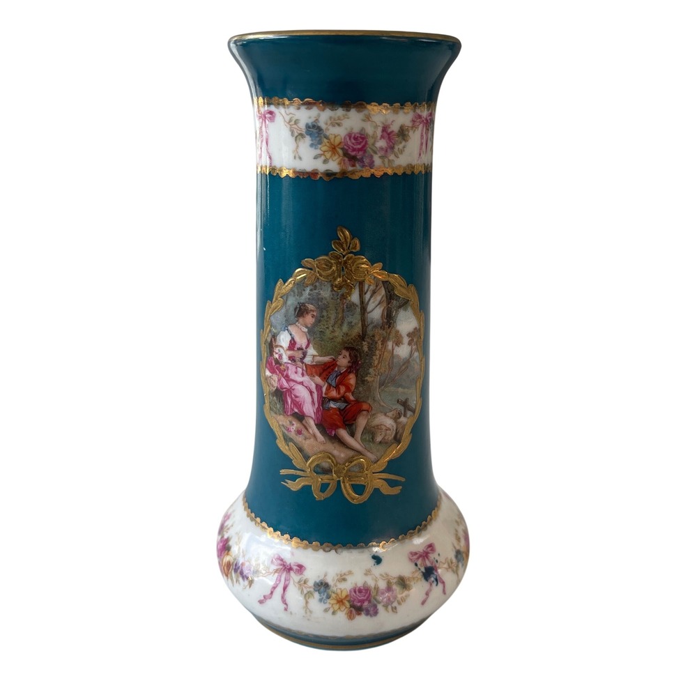 Vintage Teal Porcelain Bud Vase Fragonard Courting Scene Gold Gilt Floral 5.25in
